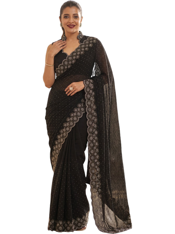 Black Satin Saree with Zari Weaving & Siroski Border | RD TANISHKA