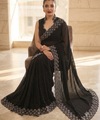Black Satin Saree with Zari Weaving & Siroski Border | RD TANISHKA
