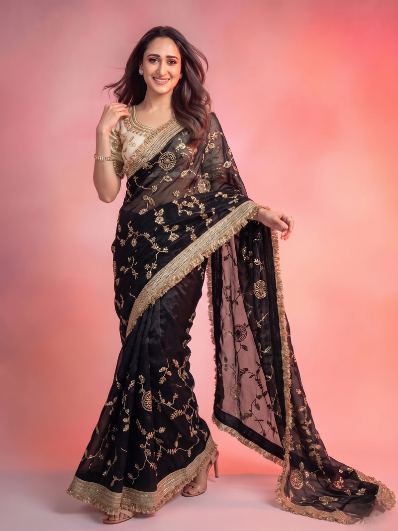 Black Space Satin Sequin Bits Work Saree for Party Wear | RD RAADO
