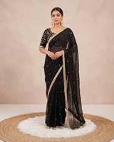 Black Space Satin Sequin Saree with Mirror Lace Border | RD SANVI