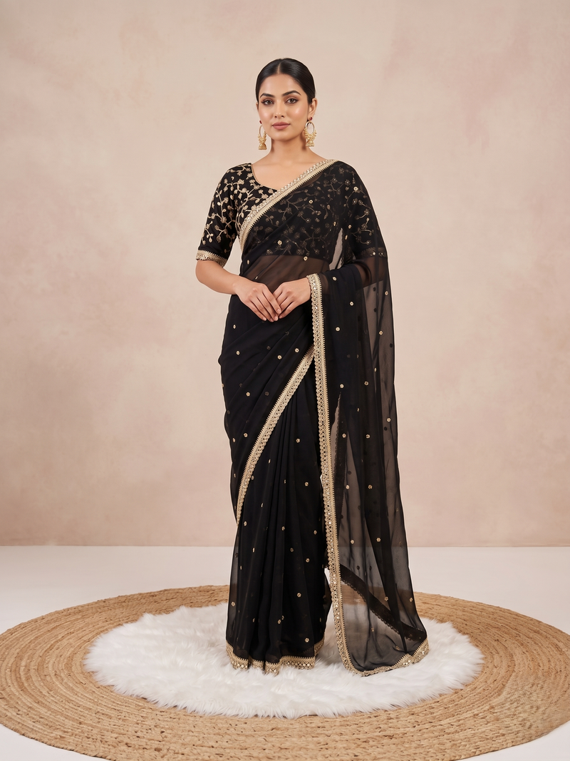 Black Space Satin Sequin Saree with Mirror Lace Border | RD SANVI