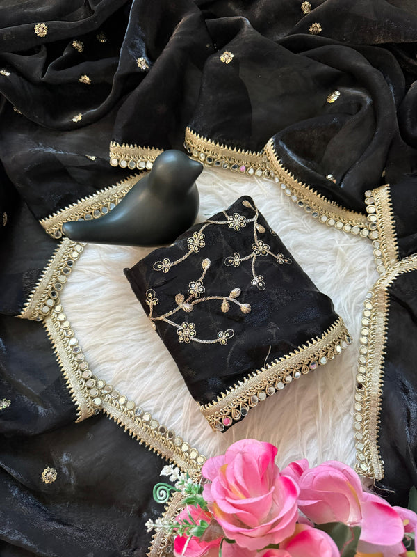 Black Space Satin Sequin Saree with Mirror Lace Border | RD SANVI