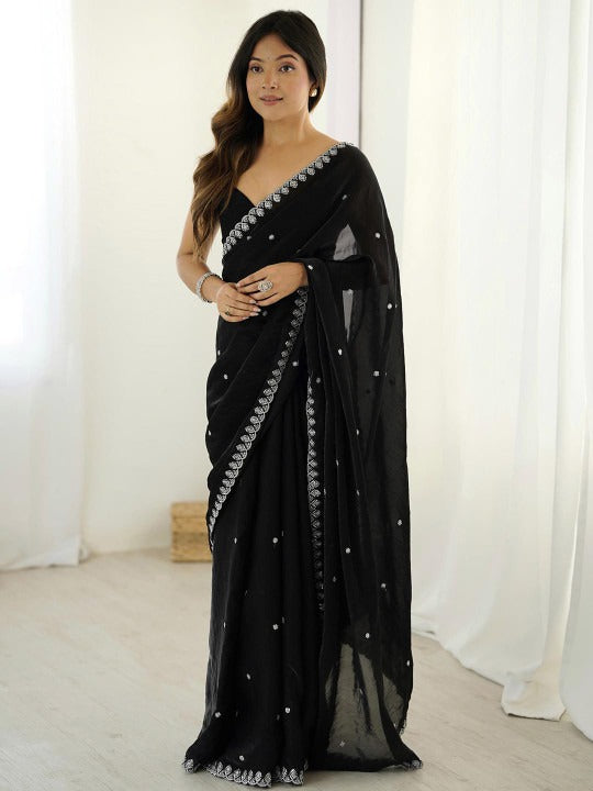 Black Space Silk Sequin Embroidery Saree for Party Wear | RD KAVYA