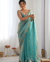 Blue Beige Space Silk Sequin Embroidery Saree for Party Wear | RD KAVYA
