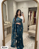 Blue Chiffon Party Wear Saree with Siroski & Moti Work | RD KHUSHI