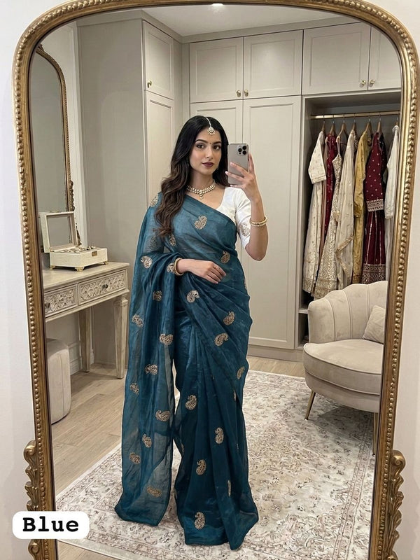 Blue Chiffon Party Wear Saree with Siroski & Moti Work | RD KHUSHI