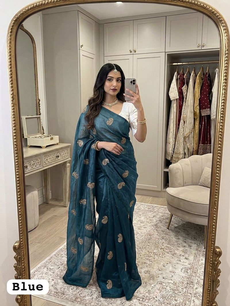 Blue Chiffon Party Wear Saree with Siroski & Moti Work | RD KHUSHI