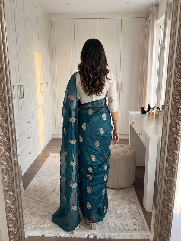 Blue Chiffon Party Wear Saree with Siroski & Moti Work | RD KHUSHI