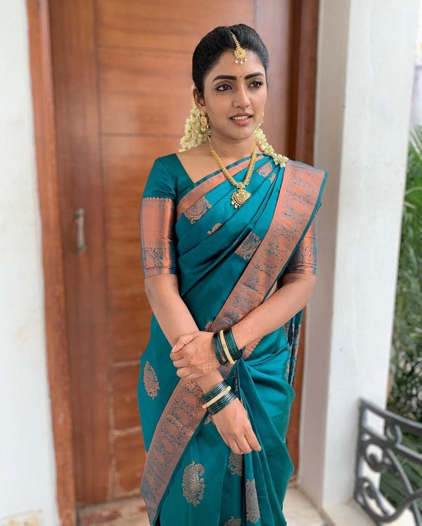 Blue Green Jacquard Silk Saree | Festival & Ceremony Wear