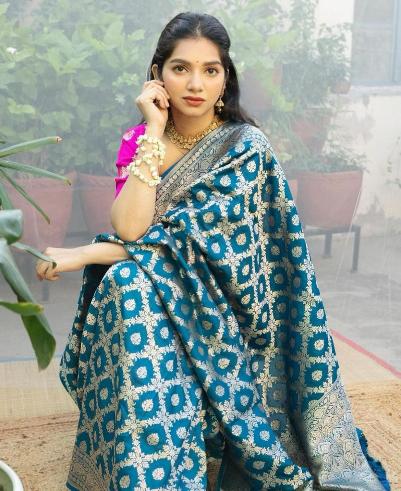 Blue Jacquard Silk Saree | Wedding & Reception Wear