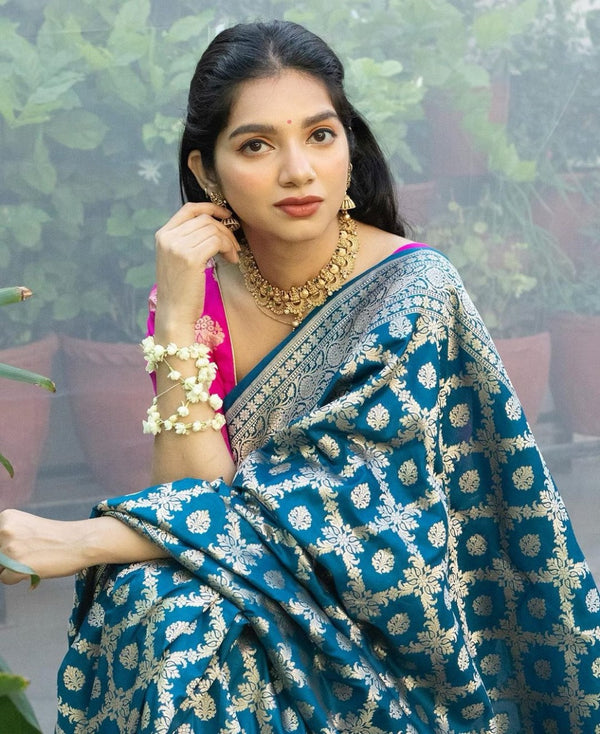 Blue Jacquard Silk Saree | Wedding & Reception Wear
