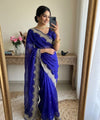 Blue Satin Saree with Gold Embroidery & Pearl Work Border | RD KAVITA