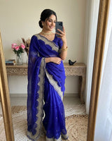 Blue Satin Saree with Gold Embroidery & Pearl Work Border | RD KAVITA