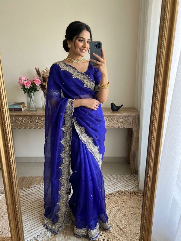 Blue Satin Saree with Gold Embroidery & Pearl Work Border | RD KAVITA