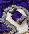 Blue Satin Saree with Gold Embroidery & Pearl Work Border | RD KAVITA