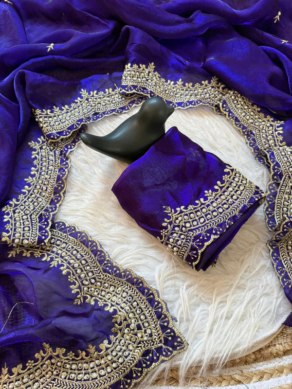 Blue Satin Saree with Gold Embroidery & Pearl Work Border | RD KAVITA