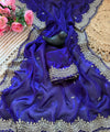 Blue Satin Saree with Gold Embroidery & Pearl Work Border | RD KAVITA