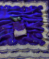 Blue Satin Saree with Gold Embroidery & Pearl Work Border | RD KAVITA