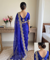 Blue Satin Saree with Gold Embroidery & Pearl Work Border | RD KAVITA