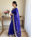 Blue Satin Saree with Gold Embroidery & Pearl Work Border | RD KAVITA