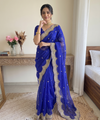 Blue Satin Saree with Gold Embroidery & Pearl Work Border | RD KAVITA