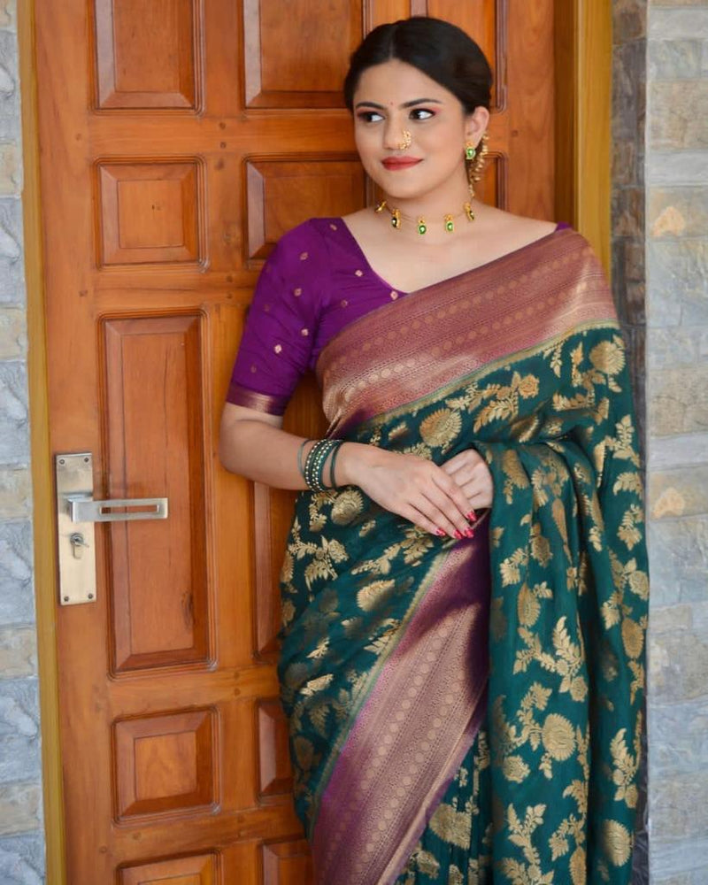 Bottle Green Banarasi Silk Saree | Festival & Ceremony Wear