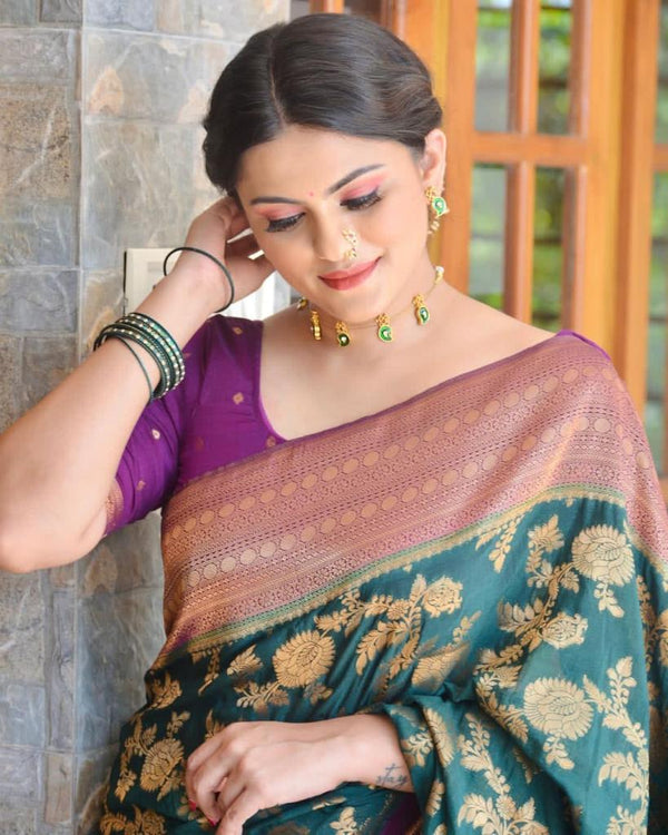 Bottle Green Banarasi Silk Saree | Festival & Ceremony Wear