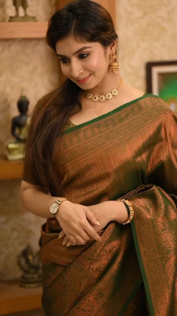 Bottle Green Banarasi Silk Saree | Festive & Party Wear