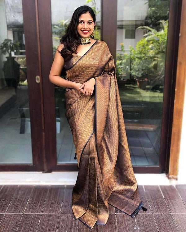 Coffee Jacquard Silk Saree | Rich Zari Border Saree