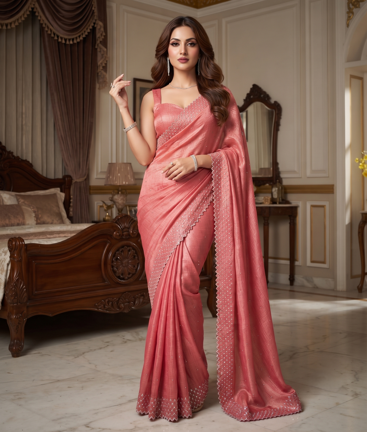 Coral Pink Silk Saree | Wedding & Festive Wear