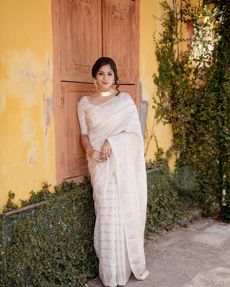 Cream Banarasi Silk Saree | Bridal & Festive Wear