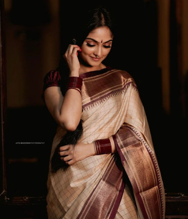 Cream Banarasi Silk Saree | Bridal & Festive Wear