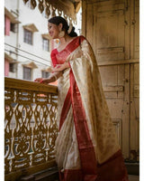 Cream Banarasi Silk Saree | Durga Puja Special