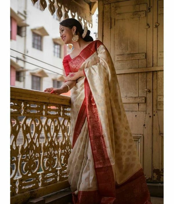 Cream Banarasi Silk Saree | Durga Puja Special