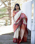 Cream Banarasi Silk Saree | Durga Puja Special