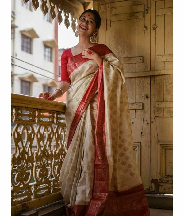 Cream Banarasi Silk Saree | Durga Puja Special