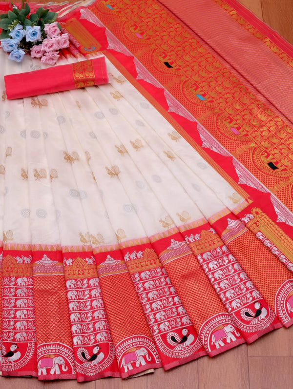 Cream Banarasi Silk Saree | Durga Puja Special