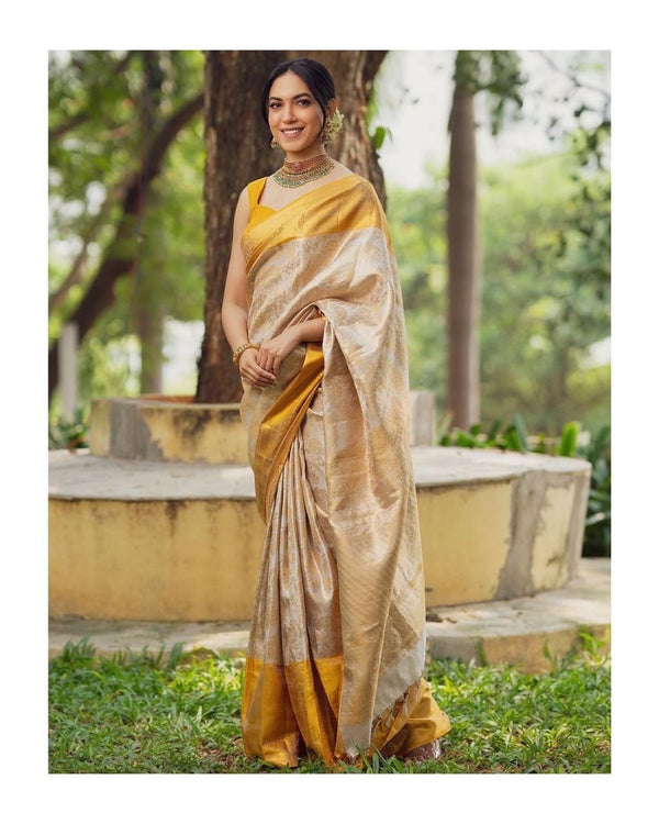 Cream Banarasi Silk Saree | Ethnic Wear for Women