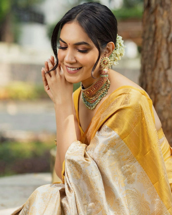 Cream Banarasi Silk Saree | Ethnic Wear for Women