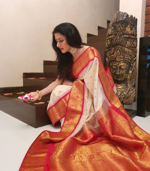 Cream Banarasi Silk Saree | Festive Celebration Wear