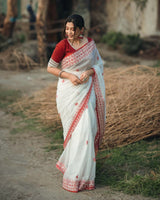 Cream Banarasi Silk Saree | Puja Collection