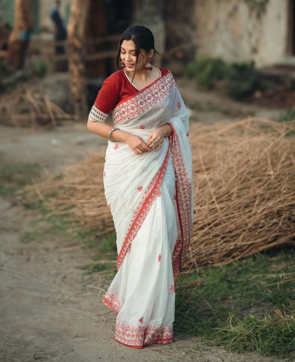 Cream Banarasi Silk Saree | Puja Collection