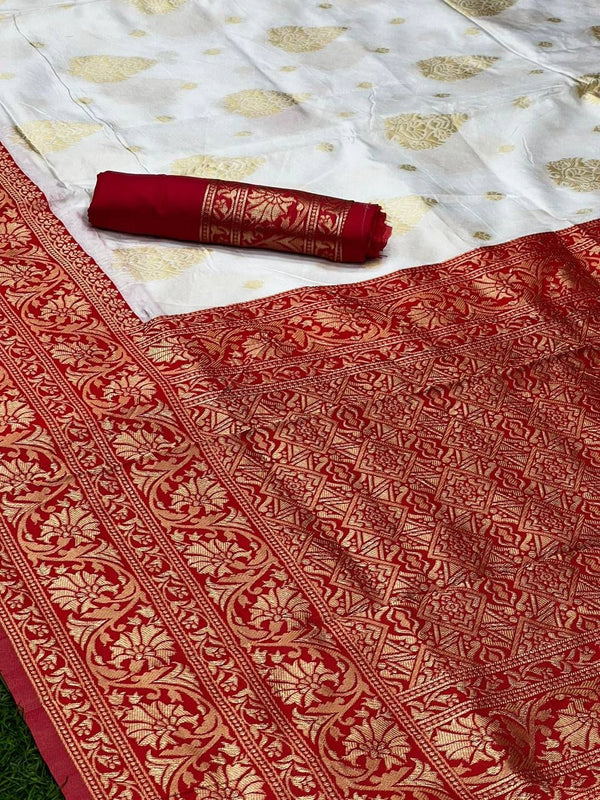 Cream Banarasi Silk Saree | Puja Collection