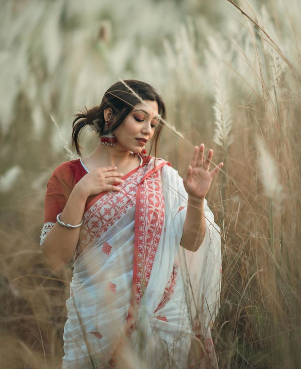 Cream Banarasi Silk Saree | Puja Collection