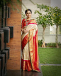 Cream Banarasi Silk Saree | Puja & Festive Wear