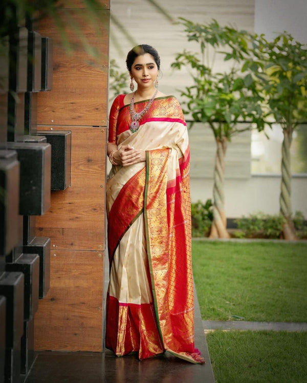 Cream Banarasi Silk Saree | Puja & Festive Wear