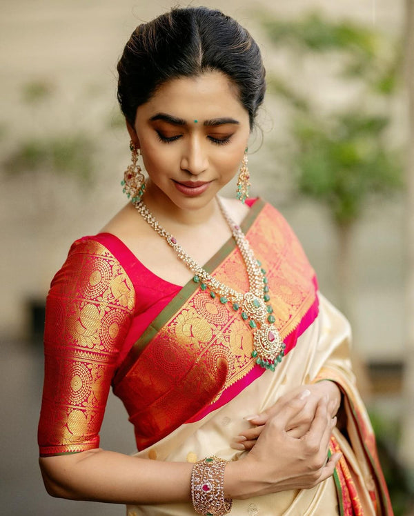Cream Banarasi Silk Saree | Puja & Festive Wear