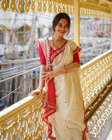 Cream Banarasi Silk Saree | Traditional Puja Wear