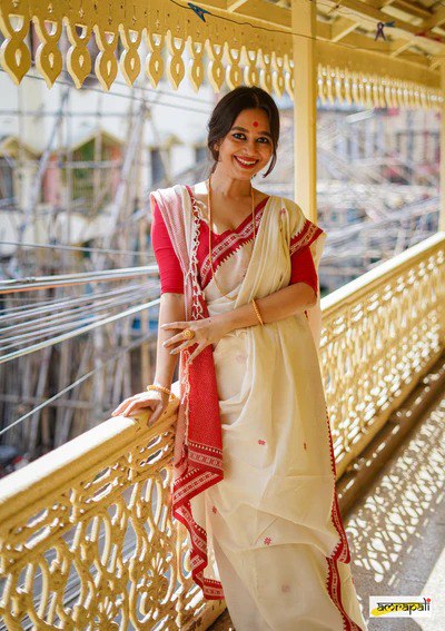 Cream Banarasi Silk Saree | Traditional Puja Wear