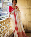 Cream Banarasi Silk Saree | Traditional Puja Wear